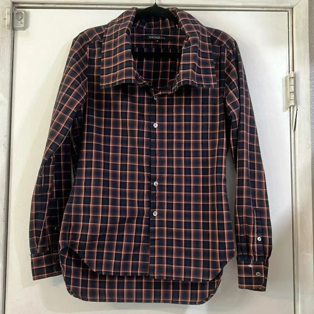 Timo Weiland Plaid Checkered Button Down Big Collar Career Work Layering Preppy